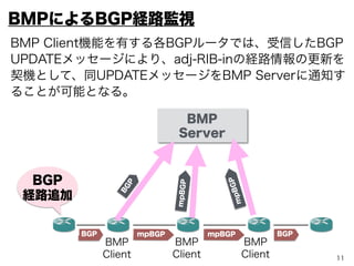 11
4. BGP監視技術の候補
IETF会合では、BGP監視手法として、
以下の技術提案されている
(1) BGP-LS
(2) BMP
今回、BMPに注目
North-Bound Distribution of Link-State and
TE Information using BGP
(draft-ietf-idr-ls-distribution-11)
BGP Monitoring Protocol(draft-ietf-grow-bmp-11)
 