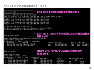 23
$ docker exec -it TestServer bash
root@TestServer:~# cd Test_automation/
root@TestServer:~/Test_automation# tail -f Test_result.txt
2015/07/23 04:57:58 [1] [OK] [adj_rib_in_changed]
2015/07/23 05:27:00 [2] [OK] [adj_rib_in_changed]
(3) End-End開通確認ツール動作結果
TestServerのdockerコンテナ上から、ツール動作結果を確認する。
root@TestServer:~/Test_automation# cd rest-client/
root@TestServer:~/Test_automation/rest-client# ./get_event.sh 2
..snip
-------------------------------------
Event Infomation
-------------------------------------
event_id [2]
event_time [2015/07/23 05:27:00]
event_type [adj_rib_in_changed]
peer_bgp_id [10.0.0.1]
peer_as [65010]
received_time [2015/07/23 05:26:59]
vpnv4_prefix [65010:101:172.16.0.0/24]
nexthop [192.168.101.101]
BGP経路追加を実施して、しばらくすると、
イベントID:2 の行が出力される。
イベントID:2 の詳細を確認する。
.. cont
 