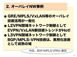 オーバレイな階層ネットワーク概念
4
IPネットワーク
D-Plane
C-Plane
CE3CE1
C/D-Plane概念を適用してネットワーク抽象化
最近のトレンド
として、オーバレイ側の
D­Planeが自動構築できる
ように、C-Planeが配備
されつつある
 
