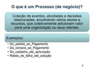 4
O que é um Processo (de negócio)?
Coleção de eventos, atividades e decisões
relacionadas, envolvendo vários atores e
recursos, que coletivamente adicionam valor
para uma organização ou seus clientes.
Exemplos:
• Do_pedido_ao_Pagamento
• Da_compra_ao_Pagamento
• Do_cadastro_até_aprovação
• Relato_de_falha_ate_solução
 