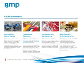 Core Competences
Industrial Non
Woven Textiles
BMP has many years of experience
specifying a large number of engineered
textiles for use in a diverse range of
industrial applications. Many of the
textiles converted by BMP are
manufactured by its sister group
companies and include specialist Needle
Punch Felts and Non Woven Thermal
Bonded Materials.
Polyurethane
Elastomers
BMP is vertically integrated into the
manufacture of high specification Spin
Cast Polyurethane sheet and Moulded
Polyurethane components.
BMP can formulate and manufacture
polyurethanes that meet clients critical
to function requirements and where
necessary, provide bespoke parameters
that include hardness, abrasion
resistance, elongation, resilience, flame
retardency, UV light stability and colour.
Component Parts
Manufacturing
BMP is highly experienced in the
conversion of a wide portfolio of raw
materials into finished components and
sub systems. BMP has extensive
knowledge gained through processing
engineered textiles, turnings, pressings
polyurethanes, plastics, foams, rubber
elastomers, and electrical components.
Light Assembly
& Remanufacturing
Many of the component parts that BMP
manufactures are integrated into
modules or sub-systems. BMP
manufactures sub assemblies and
systems with as little as five up to five
hundred individual line items. BMP's
Light Assembly and sub system
integration offering is available from its
facilities in Europe, North America,
China and Mexico.
 