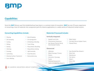 Capabilities
Since the BMP Division was first established we have been in a constant state of innovation. BMP has over 35 years experience
in converting a host of materials into component parts for diverse applications in a wide variety of industrial market sectors.
• Pleating
• Die Stamping
• Cutting
• Slitting
• Sewing
• Stitching
• Grinding
• Laminating
• Chemical Surface Treatments
• Sonic Welding
• Web Wrapping
• Oil Impregnation
• Oil Bottling / Blending
• Toner Filling
• Polyurethane Moulding
• Polyurethane Casting
• Light Assembly
• Asset Recovery
• Remanufacturing
• Needle Punch Felts
• Polyurethane Elastomers
• Non Woven Thermal Flat &
Point Bonded Textiles
• Metal Shafts
• Extruded Silicone Rubber Foams
• Pleated Filters
Converting Capabilities Include: Materials Processed Include:
Vertically Integrated
• Adhesives
• Metal Pressings / Frames
• Plastics
• Extrusions / Housings
• Foams
• Electrical Components
• Hydro-entangled Non Woven's
• Spun Bonded Non Woven's
• Wool Felts
• Membranes
• Pile Fabrics
• Mylar's
• Silicon Oils
• Toners
Outsourced
 