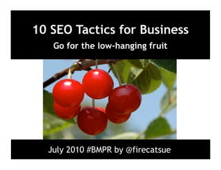 10 SEO Tactics for Business
   Go for the low-hanging fruit




  July 2010 #BMPR by @firecatsue
 