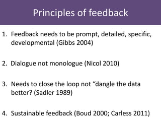 Principles of feedback
1. Feedback needs to be prompt, detailed, specific,
developmental (Gibbs 2004)
2. Dialogue not monologue (Nicol 2010)
3. Needs to close the loop not “dangle the data
better? (Sadler 1989)
4. Sustainable feedback (Boud 2000; Carless 2011)
 