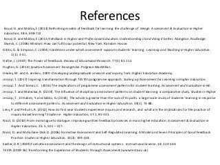 References
Boud, D. and Molloy, E (2013) Rethinking models of feedback for learning: the challenge of design Assessment & Evaluation in Higher
Education, 38:6, 698-712
Boud, D. and Molloy, E (2013) Feedback in Higher and Professional Education. Understanding it and doing it better. Abingdon. Routledge.
Dweck, C. (2006) Mindset: How can fulfil your potential. New York. Random House.
Gibbs, G. & Simpson, C. (2004) Conditions under which assessment supports students' learning. Learning and Teaching in Higher Education.
1(1): 3-31.
Hattie, J. (2007) The Power of Feedback. Review of Educational Research. 77(1) 81-112.
Hughes, G. (2014) Ipsative Assessment. Basingstoke. Palgrave MacMillan.
Healey, M. and A. Jenkins, 2009. Developing undergraduate research and inquiry. York: Higher Education Academy.
Jessop, T. (2017) Inspiring transformation through TESTA’s programme approach. Scaling up Assessment for Learning in Higher Education..
Jessop, T. And Tomas, C. (2016) The implications of programme assessment patterns for student learning. Assessment and Evaluation in HE.
Jessop, T. and Maleckar, B. (2014). The Influence of disciplinary assessment patterns on student learning: a comparative study. Studies in Higher
Jessop, T. , El Hakim, Y. and Gibbs, G. (2014) The whole is greater than the sum of its parts: a large-scale study of students’ learning in response
to different assessment patterns. Assessment and Evaluation in Higher Education. 39(1) 73-88.
Levy, P. and Petrulis, R. (2012) How do first year students experience inquiry and research, and what are the implications for the practice of
inquiry-based learning? Studies in Higher Education, 37:1, 85-101.
Nicol, D. (2010) From monologue to dialogue: improving written feedback processes in mass higher education. Assessment & Evaluation in
Higher Education, 35: 5, 501 – 517.
Nicol, D. and McFarlane-Dick D. (2006) Formative Assessment and Self-Regulated Learning: A Model and Seven Principles of Good Feedback
Practice. Studies in Higher Education. 31(2): 199-218.
Sadler, D.R. (1989) Formative assessment and the design of instructional systems. Instructional Science, 18, 119-144.
TESTA (2009-16) Transforming the Experience of Students through Assessment (www.testa.ac.uk)
 