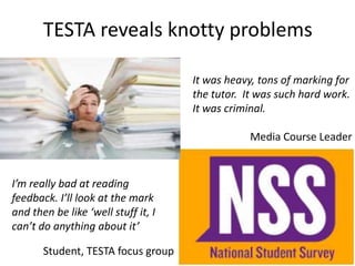It was heavy, tons of marking for
the tutor. It was such hard work.
It was criminal.
Media Course Leader
I’m really bad at reading
feedback. I’ll look at the mark
and then be like ‘well stuff it, I
can’t do anything about it’
Student, TESTA focus group
TESTA reveals knotty problems
 