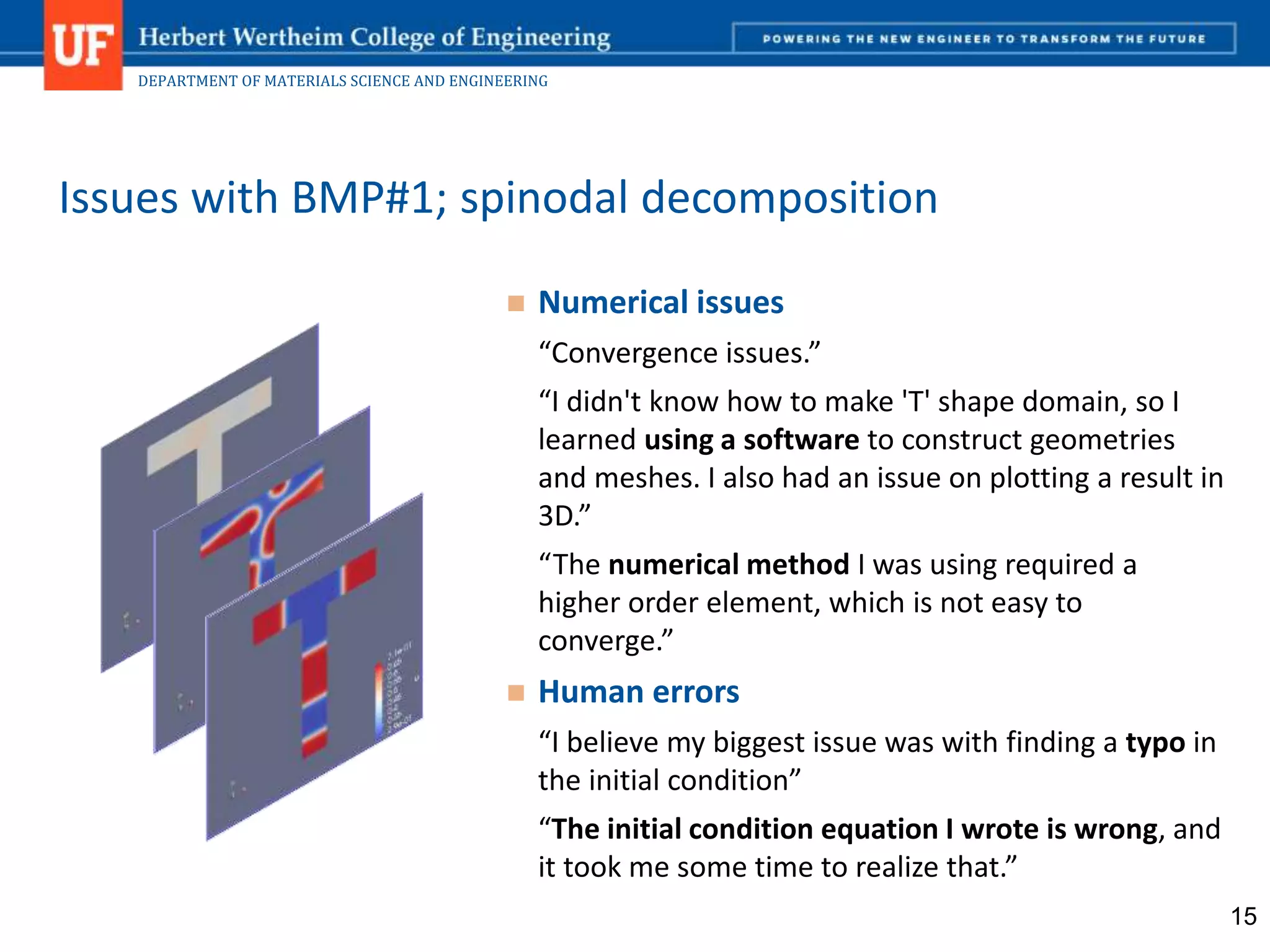 DEPARTMENT OF MATERIALS SCIENCE AND ENGINEERING
 Numerical issues
“Convergence issues.”
“I didn't know how to make 'T' shape domain, so I
learned using a software to construct geometries
and meshes. I also had an issue on plotting a result in
3D.”
“The numerical method I was using required a
higher order element, which is not easy to
converge.”
 Human errors
“I believe my biggest issue was with finding a typo in
the initial condition”
“The initial condition equation I wrote is wrong, and
it took me some time to realize that.”
Issues with BMP#1; spinodal decomposition
15
 