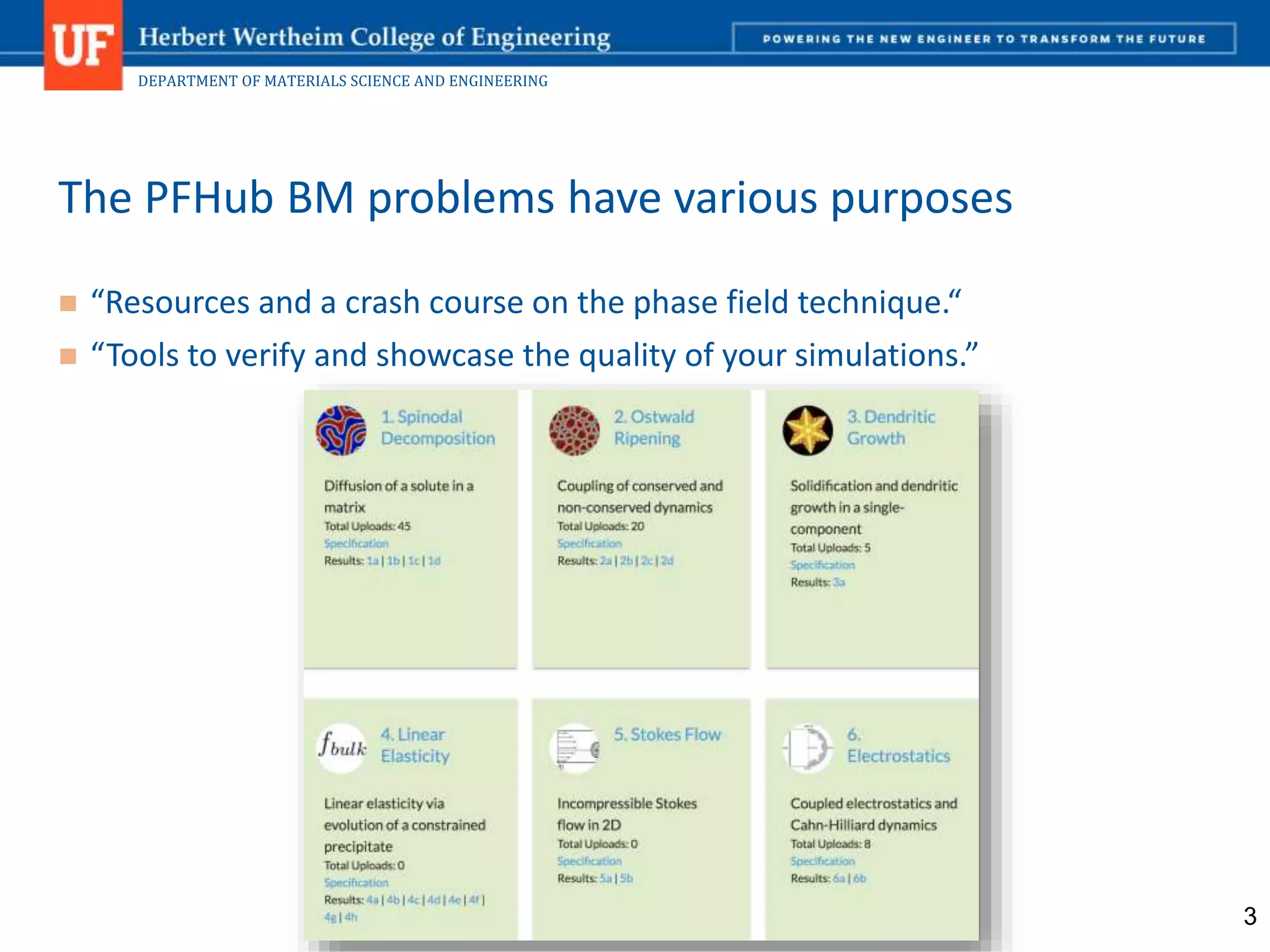 DEPARTMENT OF MATERIALS SCIENCE AND ENGINEERING
 “Resources and a crash course on the phase field technique.“
 “Tools to verify and showcase the quality of your simulations.”
The PFHub BM problems have various purposes
3
 