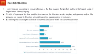 Recommendations
● Improving and innovating in product offerings as the data suggests that product quality is the biggest scope of
improvement for the company.
● 51.69% of customers like how quickly they may use the drive-thru service to place and complete orders. The
company can expand its drive thru network to cater to a greater number of customers.
● Re-training and educating the store staff so that they can deliver better service to the consumers
 