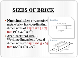 SIZES OF BRICK
 Nominal size :-A standard
metric brick has coordinating
dimensions of 225 x 112.5 x 75
mm (9” x 4.5” x 3”)
 Architectural size :-
Working dimensions (actual
dimensions)of 215 x 102.5 x 65
mm (8.5” x 4” x 2.5”)
 