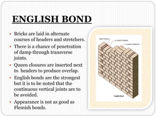 ENGLISH BOND
 Bricks are laid in alternate
courses of headers and stretchers.
 There is a chance of penetration
of damp through transverse
joints.
 Queen closures are inserted next
to headers to produce overlap.
 English bonds are the strongest
but it is to be noted that the
continuous vertical joints are to
be avoided.
 Appearance is not as good as
Flemish bonds.
 