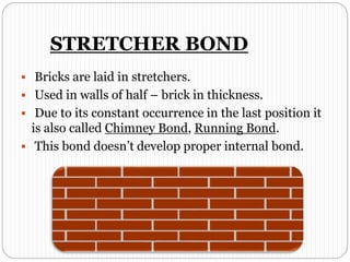 STRETCHER BOND
 Bricks are laid in stretchers.
 Used in walls of half – brick in thickness.
 Due to its constant occurrence in the last position it
is also called Chimney Bond, Running Bond.
 This bond doesn’t develop proper internal bond.
 