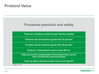 Protocol Value



                      Procedure precision and safety

                      Produces consistent results through interface stability

                       Performs red cell reduction greater than 97 percent*

                       Provides volume reduction greater than 80 percent*

                         Produces a final product volume under 200 mL*

                  Helps prevent the contamination of harvested bone marrow
                             with a functionally closed procedure

                      Frees up space, because a clean room is not required
     *Data on file.


13
 