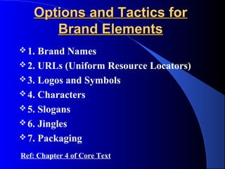 Options and Tactics for
      Brand Elements
 1. Brand Names
 2. URLs (Uniform Resource Locators)
 3. Logos and Symbols
 4. Characters
 5. Slogans
 6. Jingles
 7. Packaging

Ref: Chapter 4 of Core Text
 