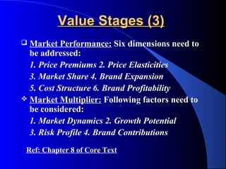 Value Stages (3)
 Market Performance: Six dimensions need to
  be addressed:
  1. Price Premiums 2. Price Elasticities
  3. Market Share 4. Brand Expansion
  5. Cost Structure 6. Brand Profitability
 Market Multiplier: Following factors need to
  be considered:
  1. Market Dynamics 2. Growth Potential
  3. Risk Profile 4. Brand Contributions
 Ref: Chapter 8 of Core Text
 