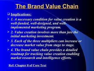 The Brand Value Chain
   Implications:
   1. A necessary condition for value creation is a
    well-funded, well-designed, and well-
    implemented marketing program.
   2. Value creation involves more than just the
    initial marketing investment.
   3. Each of the three multipliers can increase or
    decrease market value from stage to stage.
   4. The brand value chain provides a detailed
    roadmap for tracking value creation enabling
    market research and intelligence efforts.

Ref: Chapter 8 of Core Text
 