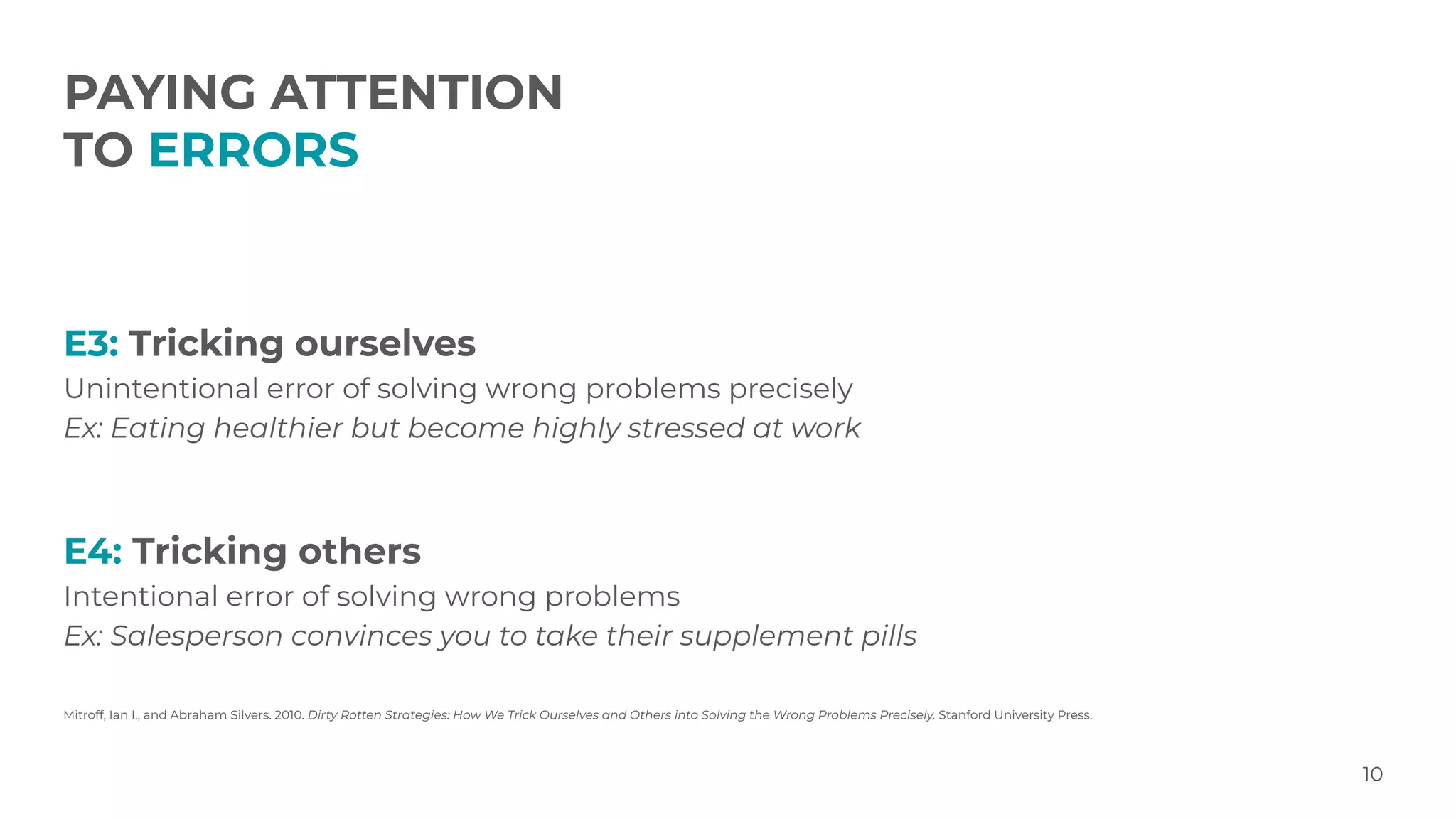 PAYING ATTENTION
TO ERRORS
10
E3: Tricking ourselves
Unintentional error of solving wrong problems precisely
Ex: Eating healthier but become highly stressed at work
E4: Tricking others
Intentional error of solving wrong problems
Ex: Salesperson convinces you to take their supplement pills
Mitroff, Ian I., and Abraham Silvers. 2010. Dirty Rotten Strategies: How We Trick Ourselves and Others into Solving the Wrong Problems Precisely. Stanford University Press.
 
