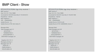 BMP Client - Show 
RP/0/0/CPU0:R2#sh bgp bmp receiver 5 
BMP receiver 5 
Host 10.0.101.1 Port 16666 
Connected for 00:25:07 since Dec 31 16:25:07.269 
Precedence: internet 
BGP neighbors: 1 
VRF: - (0x60000000) 
Update Source: 9.9.9.9 (Lo9) 
Update Source Vrf ID: 0x60000000, Active: Y 
Message Stats: 
Total messages sent: 60 
INITIATION: 1 
TERMINATION: 0 
STATS-REPORT: 0 
PER-PEER messages: 59 
Neighbor 20.0.101.11 
Messages pending: 0 
Messages sent: 59 
PEER-UP: 1 
PEER-DOWN: 0 
ROUTE-MON: 58 
RP/0/0/CPU0:R2#sh bgp bmp receiver 1 
BMP receiver 1 
Host 10.0.101.1 Port 16666 
Connected for 00:30:40 since Dec 31 16:30:40.613 
Precedence: internet 
BGP neighbors: 1 
VRF: - (0x60000000) 
Update Source: - (-) 
Update Source Vrf ID: 0x0, Active: N 
Message Stats: 
Total messages sent: 31 
INITIATION: 1 
TERMINATION: 0 
STATS-REPORT: 0 
PER-PEER messages: 30 
Neighbor 20.0.101.11 
Messages pending: 0 
Messages sent: 30 
PEER-UP: 1 
PEER-DOWN: 0 
ROUTE-MON: 29 
 