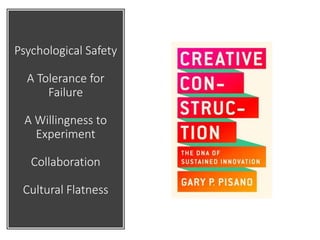 Psychological Safety
A Tolerance for
Failure
A Willingness to
Experiment
Collaboration
Cultural Flatness
 
