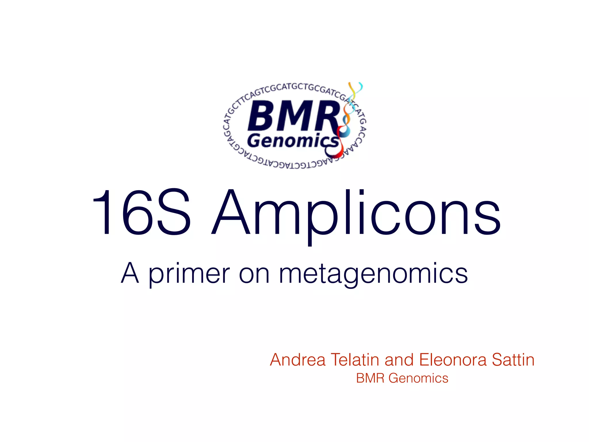 16S Amplicons
A primer on metagenomics
Andrea Telatin and Eleonora Sattin
BMR Genomics
 