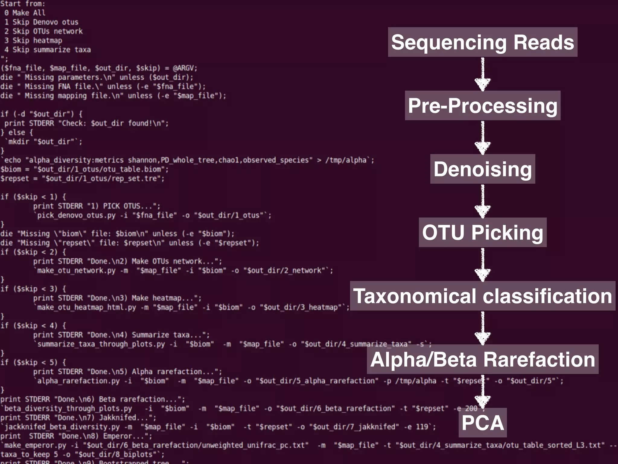 Sequencing Reads
Pre-Processing
Denoising
OTU Picking
Taxonomical classiﬁcation
Alpha/Beta Rarefaction
PCA
 