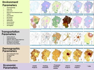 Transportation
Parameters
Demographic
Parameters
 Geomorphology
 Hydro Soil
 Land cover
 Reserved and Protected Forest
 Valleys
 Groundwater
 Soil Texture
 Forest Type
 Watersheds
 Ground Terrain
 Ground Slope
 Soil Irrigation
 Work Participation Rate
 Household Size
 Sex Ratio
 Density
 Literacy
 Population < 06 years
 Existing Network
 Proposed Network
 National, State & District Highways
 Railway Line and Stations
 Bus Stations and Depots
 International Airport (BIAL)
Economic
Parameters
 SEZs
•KIADB
Projects
•Existing
industries
•Proposed
industrial
estates
•SHLCC
Projects
•SLSWCC
Projects
Environment
Parameters
 