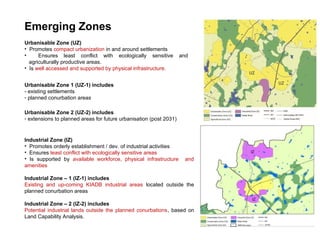 Urbanisable Zone (UZ)
• Promotes compact urbanization in and around settlements
• Ensures least conflict with ecologically sensitive and
agriculturally productive areas.
• Is well accessed and supported by physical infrastructure.
Urbanisable Zone 1 (UZ-1) includes
- existing settlements
- planned conurbation areas
Urbanisable Zone 2 (UZ-2) includes
- extensions to planned areas for future urbanisation (post 2031)
Industrial Zone (IZ)
• Promotes orderly establishment / dev. of industrial activities
• Ensures least conflict with ecologically sensitive areas
• Is supported by available workforce, physical infrastructure and
amenities
Industrial Zone – 1 (IZ-1) includes
Existing and up-coming KIADB industrial areas located outside the
planned conurbation areas
Industrial Zone – 2 (IZ-2) includes
Potential industrial lands outside the planned conurbations, based on
Land Capability Analysis.
Emerging Zones
 