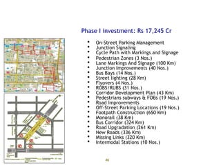 Phase I Proposals (2010-2015)
46
 On-Street Parking Management
 Junction Signaling
 Cycle Path with Markings and Signage
 Pedestrian Zones (3 Nos.)
 Lane Markings And Signage (100 Km)
 Junction Improvements (40 Nos.)
 Bus Bays (14 Nos.)
 Street lighting (28 Km)
 Flyovers (4 Nos.)
 ROBS/RUBS (31 Nos.)
 Corridor Development Plan (43 Km)
 Pedestrians subways & FOBs (19 Nos.)
 Road Improvements
 Off-Street Parking Locations (19 Nos.)
 Footpath Construction (650 Km)
 Monorail (38 Km)
 Bus Corridor (324 Km)
 Road Upgradation (261 Km)
 New Roads (336 Km)
 Missing Links (320 Km)
 Intermodal Stations (10 Nos.)
Phase I investment: Rs 17,245 Cr
 