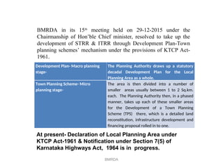 BMRDA
BMRDA in its 15th
meeting held on 29-12-2015 under the
Chairmanship of Hon’ble Chief minister, resolved to take up the
development of STRR & ITRR through Development Plan-Town
planning schemes’ mechanism under the provisions of KTCP Act-
1961.
Development Plan- Macro planning
stage-
The Planning Authority draws up a statutory
decadal Development Plan for the Local
Planning Area as a whole.
Town Planning Scheme- Micro
planning stage-
The area is then divided into a number of
smaller areas usually between 1 to 2 Sq.km.
each. The Planning Authority then, in a phased
manner, takes up each of these smaller areas
for the Development of a Town Planning
Scheme (TPS) there, which is a detailed land
reconstitution, infrastructure development and
financing proposal rolled in to one.
At present- Declaration of Local Planning Area under
KTCP Act-1961 & Notification under Section 7(5) of
Karnataka Highways Act, 1964 is in progress.
 