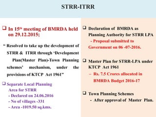 STRR-ITRR
 Declaration of BMRDA as
Planning Authority for STRR LPA
- Proposal submitted to
Government on 06 -07-2016.
 Master Plan for STRR-LPA under
KTCP Act 1961
– Rs. 7.5 Crores allocated in
BMRDA Budget 2016-17
 Town Planning Schemes
- After approval of Master Plan.
 In 15th
meeting of BMRDA held
on 29.12.2015;
“ Resolved to take up the development of
STRR & ITRR through ‘Development
Plan(Master Plan)-Town Planning
schemes’ mechanism, under the
provisions of KTCP Act 1961”
 Separate Local Planning
Area for STRR
- Declared on 24.06.2016
- No of villages -331
- Area -1019.50 sq.kms.
 