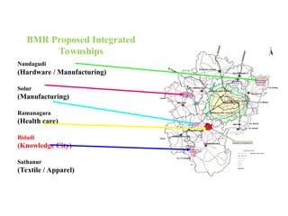 Nandagudi
(Hardware / Manufacturing)
Solur
(Manufacturing)
Ramanagara
(Health care)
Bidadi
(Knowledge City)
Sathanur
(Textile / Apparel)
BMR Proposed Integrated
Townships
 