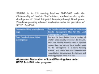 BMRDA
BMRDA in its 15th
meeting held on 29-12-2015 under the
Chairmanship of Hon’ble Chief minister, resolved to take up the
development of Bidadi Integrated Township through Development
Plan-Town planning schemes’ mechanism under the provisions of
KTCP Act-1961.
Development Plan- Macro planning
stage-
The Planning Authority draws up a statutory
decadal Development Plan for the Local
Planning Area as a whole.
Town Planning Scheme- Micro
planning stage-
The area is then divided into a number of
smaller areas usually between 1 to 2 Sq.km.
each. The Planning Authority then, in a phased
manner, takes up each of these smaller areas
for the Development of a Town Planning
Scheme (TPS) there, which is a detailed land
reconstitution, infrastructure development and
financing proposal rolled in to one.
At present- Declaration of Local Planning Area under
KTCP Act-1961 is in progress.
 