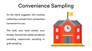 Convenience Sampling
As the name suggests, this involves
collecting a sample from somewhere
convenient to you.
The mall, your local school, your
temple. Sometimes called accidental
sampling, opportunity sampling or
grab sampling.
 