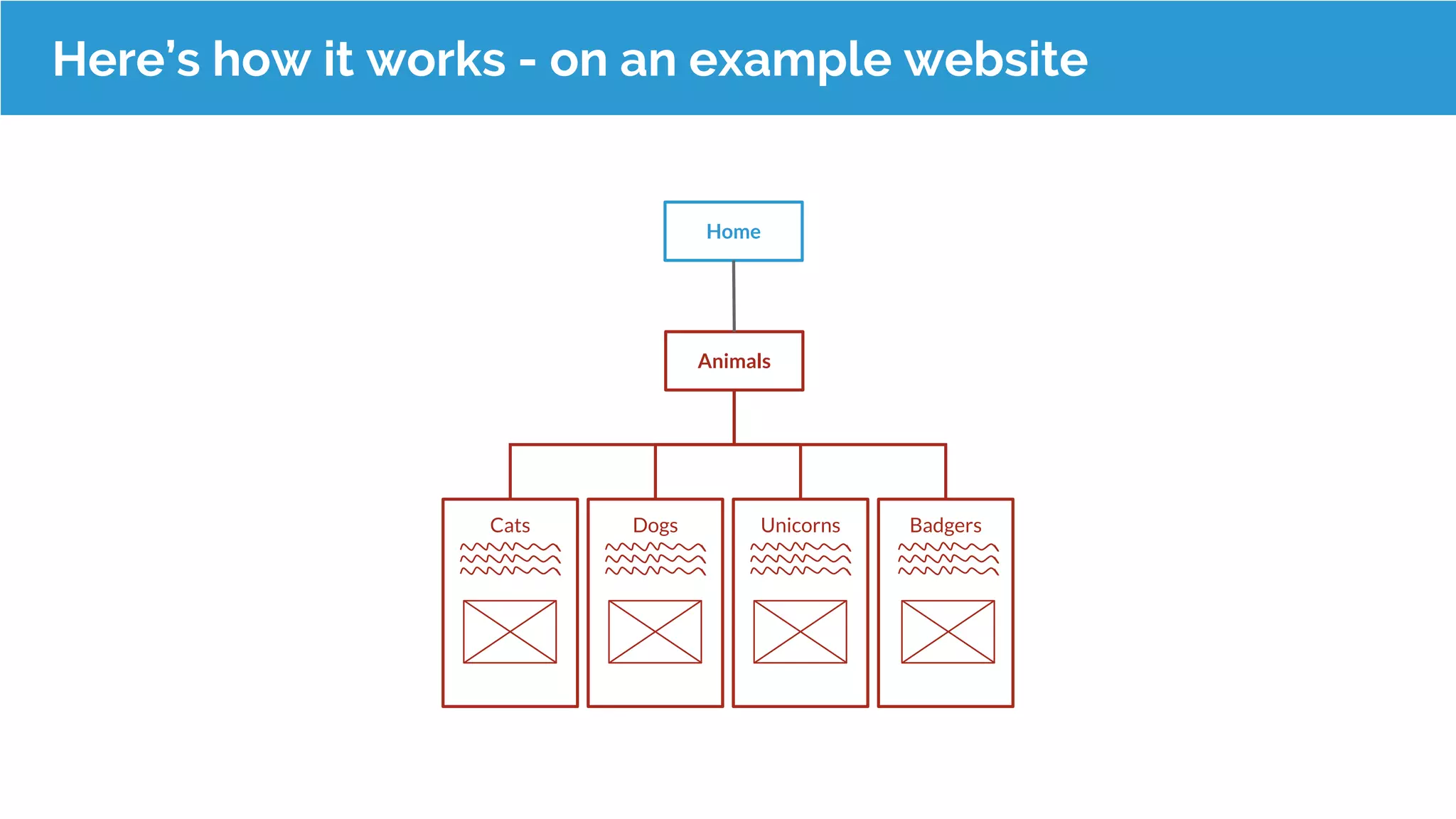 SEO split testing is template basedHere’s how it works - on an example website
Home
Animals
Cats Dogs Unicorns Badgers
 