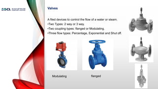 Valves
A filed devices to control the flow of a water or steam.
•Two Types: 2 way or 3 way.
•Two coupling types: flanged or Modulating.
•Three flow types: Percentage, Exponential and Shut off.
flanged
Modulating
 