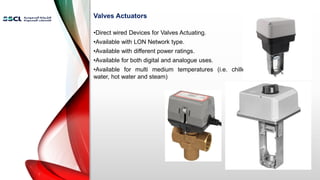 Valves Actuators
•Direct wired Devices for Valves Actuating.
•Available with LON Network type.
•Available with different power ratings.
•Available for both digital and analogue uses.
•Available for multi medium temperatures (i.e. chilled
water, hot water and steam)
 