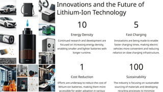Innovations and the Future of
Lithium-Ion Technology
10
Energy Density
Continued research and development are
focused on increasing energy density,
enabling smaller and lighter batteries with
longer runtime.
5
Fast Charging
Innovations are being made to enable
faster charging times, making electric
vehicles more convenient and reducing
reliance on slow charging infrastructure.
1
Cost Reduction
Efforts are underway to reduce the cost of
lithium-ion batteries, making them more
accessible for wider adoption in various
100
Sustainability
The industry is focusing on sustainable
sourcing of materials and developing
recycling processes to minimize
 