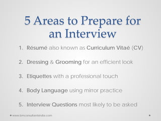 5 Areas to Prepare for
an Interview
1. Résumé also known as Curriculum Vitaé (CV)
2. Dressing & Grooming for an efficient look
3. Etiquettes with a professional touch
4. Body Language using mirror practice
5. Interview Questions most likely to be asked
www.bmconsultantsindia.com
 
