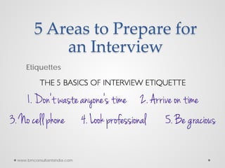 5 Areas to Prepare for
an Interview
Etiquettes
www.bmconsultantsindia.com
 