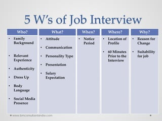 5 W’s of Job Interview
Who?
• Family
Background
• Relevant
Experience
• Authenticity
• Dress Up
• Body
Language
• Social Media
Presence
What?
• Attitude
• Communication
• Personality Type
• Presentation
• Salary
Expectation
When?
• Notice
Period
Where?
• Location of
Profile
• 60 Minutes
Prior to the
Interview
Why?
• Reason for
Change
• Suitability
for job
www.bmconsultantsindia.com
 