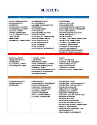 SUBJECTS
A B C
ACCOUNTING MANAGEMENT
AUDIT MANAGEMENT
ADVERTISING
ADVERTISING MANAGEMENT
AUTOMOBILE MANAGEMENT
ASSET MANAGEMENT
AVIATION MANAGEMENT
AGRICULTURE MANAGEMENT
ARCHITECTURAL
MANAGEMENT
AIR TRANSPORT MANAGEMENT
BANKING MANAGEMENT
BPO MANAGEMENT
BANKING & FINANCIAL SERVICES
MANAGEMENT
BUSINESS MARKETING
BUSINESS ETHICS
BUSINESS COMMUNICATION
BUSINESS LOGISTICS
BIO TECHNOLOGY MANAGEMENT
BUSINESS ADMINISTRATION
BUSINESS MANAGEMENT
BUSINESS ENVIRONMENT
BUSINESS PLANNING
BUSINESS STRATEGY
BOI-TECHNOLOGY MANAGEMENT
CORPORATE LAW
CONSUMER BEHAVIOR
CORPORATE FINANCE
COST MANAGEMENT & ACCOUNTANCY
CORPORATE & FINANCE MANAGEMENT
CORPORATE GOVERANCE
COMMUNICATION MANAGEMENT
CLINICAL PHARMACOLGY
CLINICAL RESEARCH
CUSTOMER RELATIONSHIP MANAGEMENT
CONSTRUCTION MANAGEMENT
CUSTOMER CARE MANAGEMENT
CALL CENTRE MANAGEMENT
CO – OPERATIVE MANAGEMENT
CONSUMER MANAGEMENT
CORPORATE FINANCE MANAGEMENT
CHARTERED FINANCE MANAGEMENT
D E F
DAIRY MANAGEMENT
DISTRIBUTION LOGISTIC
MANAGEMENT
DATABASE MANAGEMENT
DEVELOPMENT STRATEGY
E-BUSINESS SYSTEM
E-COMMERCE
ENERGY MANAGEMENT
EQUITY RESEARCH MANAGEMENT
ENTREPRENEUR MANAGEMENT
EVENT MANAGEMENT
ENTREPRENEURSHIP MANAGEMENT
EXPORT IMPORT MANAGEMENT
EXPORT MANAGEMENT
FINANCE
FINACE MANAGEMENT
FINACIAL & COST ACCOUNTING
FINANCIAL ACCOUNTANCY
FINANCIAL INSTITUTIONS
FASHION MANAGEMENT
FOREIGN EXCHANGE MANAGEMENT
G H I
GENERAL MANAGEMENT
GLOBAL MARKETING
MANAGEMENT
H R MANAGEMENT
HUMAN RESOURCE MANAGEMENT
HOSPITAL MANAGEMENT
HEALTHCARE MANAGEMENT
HOSPITALITY MANAGEMENT
HOTEL MANAGEMENT
HOLISTIC MANAGEMENT
HOSPITAL ADMINISTRATION
HARDWARE MANAGEMENT
INTERNATIONAL FINACE
INTERNATIONAL FINACE MANAGEMENT
INTERNATIONAL HR MANAGEMENT
INTERNATIONAL BUSINESS
INFORMATION TECHNOLOGY
INDUSTRIAL MANAGEMENT
INVESTMENT MANAGEMENT
INVESTMENT ANALYSIS MANAGEMENT
INDUSTRIAL MARKETING
INDUSTRIAL RELATIONS
INFORMATION MANAGEMENT
INDUSTRIAL SAFETY MANAGEMENT
INTERNATIONAL BUSINESS MANAGEMENT
INVENTORY MANAGEMENT
INDUSTRIAL RELATION LABOUR LAW
IT FOR MANAGEMENT
INFRASTRUCTURE MANAGEMENT
 