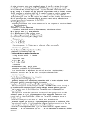 the initial investments, which occur immediately, assume all cash flows occur at the year-end.
Smoothedrive Tyre must initially invest Rs. 72,00,00,000 in production equipments to make
the Hyper Tread. They would be depreciated at a rate of 25 per cent as per the written down value
(WDV) method for tax purposes. The new production equipments will allow the company to follow
flexible manufacturing technique, that is both the brands of tyres can be produced using the same
equipments. The equipments is expected to have a 7-year useful life and can be sold for Rs.
10,00,000 during the fourth year. The company does not have any other machines in the block of 25
per cent depreciation. The existing machines can be sold off at Rs. 8 lakh per machine with an
estimated removal cost of one machine for Rs. 50,000.
Operating Requirements
The operating requirements of the existing machines and the new equipment are detailed in Exhibits
11.1 and 11.2 respectively.
Exhibit 11.1 Existing Machines
Labour costs (expected to increase 10 per cent annually to account for inflation) :
(a) 20 unskilled labour @ Rs. 4,000 per month
(b) 20 skilled personnel @ Rs. 6,000 per month.
(c) 2 supervising executives @ Rs. 7,000 per month.
(d) 2 maintenance personnel @ Rs. 5,000 per month.
Maintenance cost :
Years 1-5 : Rs. 25 lakh
Years 6-7 : Rs. 65 lakh
Operating expenses : Rs. 50 lakh expected to increase at 5 per cent annually.
Insurance cost / premium :
Year 1 : 2 per cent of the original cost of machine
After year 1 : Discounted by 10 per cent.
Exhibit 11.2 New production Equipment
Savings in cost of utilities : Rs. 2.5 lakh
Maintenance costs :
Year 1 – 2 : Rs. 8 lakh
Year 3 – 4 : Rs. 30 lakh
Labour costs :
9 skilled personnel @ Rs. 7,000 per month
1 maintenance personnel @ Rs. 7,000 per month.
Cost of retrenchment of 34 personnel : (20 unskilled, 11 skilled, 2 supervisors and 1
maintenance personnel) : Rs. 9,90,000, that is equivalent to six months salary.
Insurance premium
Year 1 : 2 per cent of the purchase cost of machine
After year 1 : Discounted by 10 per cent.
The opening expenses do not change to any considerable extent for the new equipment and the
difference is negligible compared to the scale of operations.
Smoothdrive Tyre intends to sell Hyper Tread of two distinct markets :
1. The original equipment manufacturer (OEM) market : The OEM market consists primarily of
the large automobile companies who buy tyres for new cars. In the OEM market, the Hyper
Tread is expected to sell for Rs. 1,200 per tyre. The variable cost to produce each Hyper
Tread is Rs. 600.
2. The replacement market : The replacement market consists of all tyres purchased after the
automobile has left the factory. This markets allows higher margins and Smoothdrive Tyre
expects to sell the Hyper Tread for Rs. 1.500 per tyre. The variable costs are the same as in
the OEM market.
Smoothdrive Tyre expects to raise prices by 1 percent above the inflation rate.
The variable costs will also increase by 1 per cent above the inflation rate. In addition, the Hyper
Tread project will incur Rs. 2,50,000 in marketing and general administration cost in the first year
which are expected to increase at the inflation rate in subsequent years.
Smoothdrive Tyre’s corporate tax rate is 35 per cent. Annual inflation is expected to remain
constant at 3.25 per cent. Smoothdrive Tyre uses a 15 per cent discount rate to evaluate new product
decisions.
 