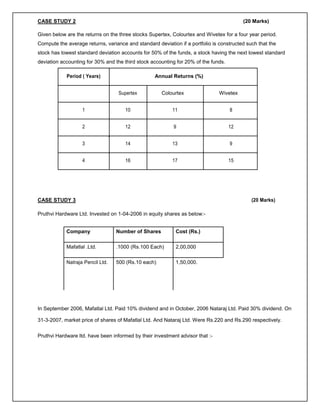 CASE STUDY 2 (20 Marks)
Given below are the returns on the three stocks Supertex, Colourtex and Wivetex for a four year period.
Compute the average returns, variance and standard deviation if a portfolio is constructed such that the
stock has lowest standard deviation accounts for 50% of the funds, a stock having the next lowest standard
deviation accounting for 30% and the third stock accounting for 20% of the funds.
Period ( Years) Annual Returns (%)
Supertex Colourtex Wivetex
1 10 11 8
2 12 9 12
3 14 13 9
4 16 17 15
CASE STUDY 3 (20 Marks)
Pruthvi Hardware Ltd. Invested on 1-04-2006 in equity shares as below:-
Company Number of Shares Cost (Rs.)
Mafatlal .Ltd. .1000 (Rs.100 Each) 2,00,000
Natraja Pencil Ltd. 500 (Rs.10 each) 1,50,000.
In September 2006, Mafatlal Ltd. Paid 10% dividend and in October, 2006 Nataraj Ltd. Paid 30% dividend. On
31-3-2007, market price of shares of Mafatlal Ltd. And Nataraj Ltd. Were Rs.220 and Rs.290 respectively.
Pruthvi Hardware ltd. have been informed by their investment advisor that :-
 