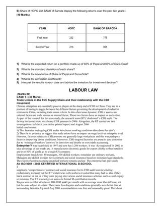 B) Share of HDFC and BANK of Baroda display the following returns over the past two years:-
(10 Marks)
YEAR HDFC BANK OF BARODA
First Year 232 775
Second Year 215 955
1) What is the expected return on a portfolio made up of 40% of Pepsi and 60% of Coca-Cola?
2) What is the standard deviation of each share?
3) What is the covariance of Share of Pepsi and Coca-Cola?
4) What is the correlation coefficient?
5) Interpret the results in each case and advice the investors for investment decision?
LABOUR LAW
(Marks 80)
CASE 1 : (30 Marks)
Trade Unions in the TNC Supply Chain and their relationship with the CSR
movement
Chinese enterprises are essentially passive players at the sharp end of CSR in China. They are in a
position of having to juggle between the different factors governing the development of industrial
relations in China, including trade union reform. In this often tense dynamic, CSR is seen as an
external factor and trade unions an internal factor. These two factors have an impact on each other.
As part of the research for this case study, the research team (RT) ‘shadowed’ a CSR audit. The
factory had come under very heavy CSR pressure in 2004. Altogether, the RT carried out two
investigations: in March (see earlier printed report) and August 2006
Initial conclusions:
1) That factories undergoing CSR audits have better working conditions than those that don’t.
2) There is no evidence to suggest that trade unions have an impact on wage levels at enterprise level.
However, factories subject to CSR pressure are generally large workplaces and this was perhaps a
factor in improving labour conditions. Moreover, CSR-targeted factories are prone to data distortion
due to ‘training of workers’ answers’ in interview and double or even triple accounting.
Enterprise Y was established in 1997 and now has 1,200 workers. It was ‘Re-registered’ in 2002 to
take advantage of tax breaks etc. It manufactures electronic goods for export chiefly to three retailers
and over 50% of goods go to a single US company.
Employment breakdown: 80 managers, 300 skilled workers; remainder are ordinary workers.
Managers and skilled workers have contracts and social insurance based on minimum legal standards.
The extent of contracts among unskilled workers remains unclear. The enterprise had previously
AN ISO 9001 : 2008 CERTIFIED INTERNATIONAL B-SCHOOL
2
supplied a ‘comprehensive’ contract and social insurance list to CSR audit team (excluding
probationary workers) but the RT’s interviews with workers revealed that many had no idea if they
had a contract or not or if they were paying into various social insurance schemes such as work injury
or pensions. The RT was not given access to formal SI contribution records.
Wages were verified at between 900-1100 yuan per month with on average more than 60 hours o/t
but this was subject to orders. There were few disputes and conditions generally were better than at
surrounding factories. Up until Aug 2006 accommodation was free and reasonably good. The labour
 