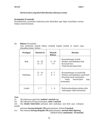 SULIT                                                                           1103/1


      (Isi-isi tersirat yang lain boleh diterima sekiranya sesuai)


Kesimpulan [2 markah]
Kesimpulannya, permainan tradisional perlu dikekalkan agar dapat memelihara warisan
budaya zaman berzaman.




(b)   Bahasa [10 markah]
      Asas pemberian markah bahasa tertakluk kepada markah isi seperti yang
      dinyatakan dalam berikut :

         Peringkat       Markah Isi        Markah                      Huraian
                                           Bahasa

                                                         - Kesinambungan isi baik
            Baik           18 – 20            9 – 10     - Struktur ayat/tatabahasa baik
                           15 - 17             7 -9      - Kosa kata luas
                                                         - Tanda bacaan/ejaan betul


                           12 – 14            6–7        - Kesinambungan isi masih baik
         Sederhana          8 – 11            4–5        - Struktur ayat/tatabahasa masih baik
                                                         - Kosa kata masih memuaskan
                                                         -     Tanda      bacaan/ejaan    juga
                                                         memuaskan


           Lemah             1-7              1–4        - Pada keseluruhannya dalam serba
                                                           kekurangan/ tidak memuaskan


Nota
(i)    Jika bahasanya agak baik, tambah 1 markah lagi.
(ii)   Jika bahasanya kurang memuaskan, tolak 1 markah.
(iii) Jika disalin bulat-bulat perkataan demi perkataan, ayat demi ayat, walaupun
jumlah
       perkataan kurang daripada 120 patah perkataan, berikan 0 markah.
(iv)   Jika rumusan kurang daripada 120 patah perkataan, markah tidak dipotong.
                                           [Markah bahasa maksimum : 10 markah]

                                         24
 