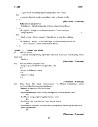 SULIT                                                                             1103/1

        - Tegas : tidak mudah terpengaruh dengan kata-kata Strenn                     1
+1m
    - Amanah : berjanji untuk menunaikan wasiat ayahanda, bonda
1+1m
                                                          [Maksimum : 2 markah]
    Satu nilai dalam cerpen :
    - Setiakawan : Akmal sanggup ke Alstonia untuk mencari Erique
1+1m
    - Kegigihan : Annyss berusaha untuk mencari Erique walaupun
      sampai ke bumi.                                                       1
+1m
    - kasih sayang : Annyss mencari Erique kerana sayang akan adiknya.
1+1m
    - Keberanian : Annyss, Akmal dan Erique berani menentang Strenn dan
        konco-konconya dalam usaha mencari Erique
1+1m

Soalan 2 (c) : Petikan Prosa Klasik
(i)     Maksud pantun
        - Maksud Burung terbang dipipiskan lada ialah melakukan sesuatu yang belum
tentu/pasti
         hasilnya.
                                                           [Maksimum : 2 markah]
(ii)    Perkara-perkara yang luar biasa
        - bunga tanjung biru boleh bercakap/berkata-kata
        1m
        - semua perkakasnya tulang
        1m
        - atapnya rambut
        1m

                                               [Maksimum : 3 markah]
(iii)   Dang Raya Rani tidak membenarkan Tun Mamat mengikutnya untuk
        menyampaikan hasrat peminangan kerana
        - kawasan larangan Puteri Gunung Ledang
                 1m
        - perjalanan ke tempat Puteri Gunung Ledang masih jauh dan semakin sukar
                 1m
        - Tun Mamat orang asing/menjaga keselamatan puteri
                 1m
        - Tun Mamat tidak setaraf dengan Puteri Gunung Ledang
                 1m
        - membolehkan Dang Raya Rani dan Puteri Gunung Ledang berbincang tentang hasrat
          peminangan tersebut.
                 1m

                                                               [Maksimum : 3 markah]
                                             28
 