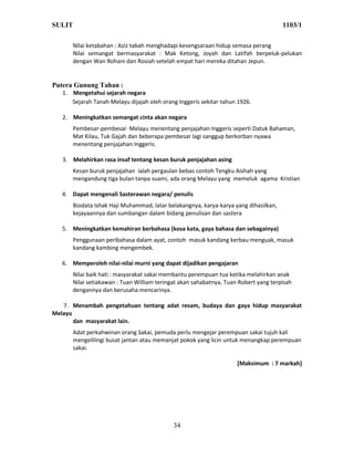 SULIT                                                                                1103/1

      Nilai ketabahan : Aziz tabah menghadapi kesengsaraan hidup semasa perang
      Nilai semangat bermasyarakat : Mak Ketong, Joyah dan Latifah berpeluk-pelukan
      dengan Wan Rohani dan Rosiah setelah empat hari mereka ditahan Jepun.


Putera Gunung Tahan :
   1. Mengetahui sejarah negara
      Sejarah Tanah Melayu dijajah oleh orang Inggeris sekitar tahun 1926.

   2. Meningkatkan semangat cinta akan negara
      Pembesar-pembesar Melayu menentang penjajahan Inggeris seperti Datuk Bahaman,
      Mat Kilau, Tuk Gajah dan beberapa pembesar lagi sanggup berkorban nyawa
      menentang penjajahan Inggeris.

   3. Melahirkan rasa insaf tentang kesan buruk penjajahan asing
      Kesan buruk penjajahan ialah pergaulan bebas contoh Tengku Aishah yang
      mengandung tiga bulan tanpa suami, ada orang Melayu yang memeluk agama Kristian

   4. Dapat mengenali Sasterawan negara/ penulis
      Biodata Ishak Haji Muhammad, latar belakangnya, karya-karya yang dihasilkan,
      kejayaannya dan sumbangan dalam bidang penulisan dan sastera

   5. Meningkatkan kemahiran berbahasa (kosa kata, gaya bahasa dan sebagainya)
      Penggunaan peribahasa dalam ayat, contoh masuk kandang kerbau menguak, masuk
      kandang kambing mengembek.

   6. Memperoleh nilai-nilai murni yang dapat dijadikan pengajaran
      Nilai baik hati : masyarakat sakai membantu perempuan tua ketika melahirkan anak
      Nilai setiakawan : Tuan William teringat akan sahabatnya, Tuan Robert yang terpisah
      dengannya dan berusaha mencarinya.

   7. Menambah pengetahuan tentang adat resam, budaya dan gaya hidup masyarakat
Melayu
       dan masyarakat lain.
      Adat perkahwinan orang Sakai, pemuda perlu mengejar perempuan sakai tujuh kali
      mengelilingi busat jantan atau memanjat pokok yang licin untuk menangkap perempuan
      sakai.

                                                                    [Maksimum : 7 markah]




                                            34
 