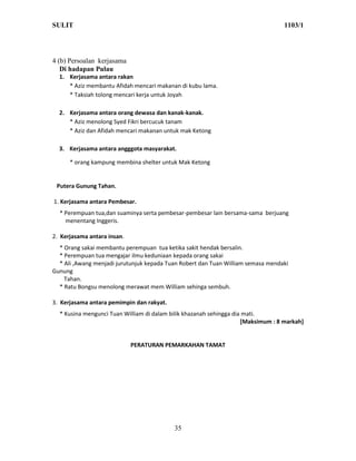 SULIT                                                                              1103/1




4 (b) Persoalan kerjasama
   Di hadapan Pulau
  1. Kerjasama antara rakan
     * Aziz membantu Afidah mencari makanan di kubu lama.
     * Taksiah tolong mencari kerja untuk Joyah

  2. Kerjasama antara orang dewasa dan kanak-kanak.
     * Aziz menolong Syed Fikri bercucuk tanam
     * Aziz dan Afidah mencari makanan untuk mak Ketong

  3. Kerjasama antara angggota masyarakat.

      * orang kampung membina shelter untuk Mak Ketong


 Putera Gunung Tahan.

1. Kerjasama antara Pembesar.
  * Perempuan tua,dan suaminya serta pembesar-pembesar lain bersama-sama berjuang
    menentang Inggeris.

2. Kerjasama antara insan.
  * Orang sakai membantu perempuan tua ketika sakit hendak bersalin.
  * Perempuan tua mengajar ilmu keduniaan kepada orang sakai
  * Ali ,Awang menjadi jurutunjuk kepada Tuan Robert dan Tuan William semasa mendaki
Gunung
    Tahan.
  * Ratu Bongsu menolong merawat mem William sehinga sembuh.

3. Kerjasama antara pemimpin dan rakyat.
  * Kusina mengunci Tuan William di dalam bilik khazanah sehingga dia mati.
                                                                     [Maksimum : 8 markah]


                             PERATURAN PEMARKAHAN TAMAT




                                           35
 
