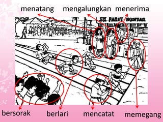 mencatat memegangbersorak berlari
mengalungkanmenatang menerima
 