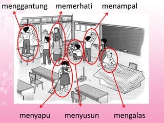menggantung memerhati
menyusun
menampal
menyapu mengalas
 